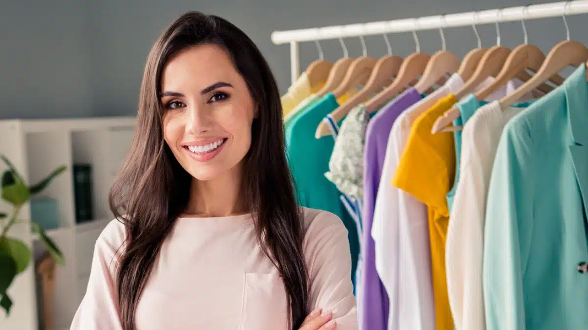 woman standing in front of clothes