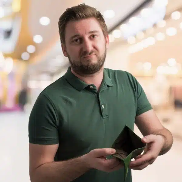 man showing empty wallet