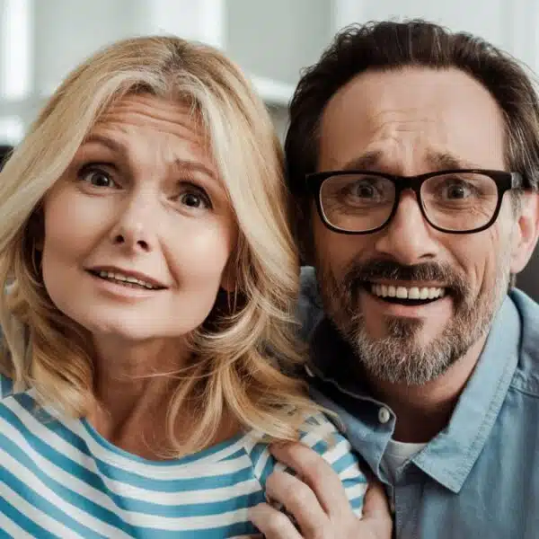 couple staring glasses blonde happy