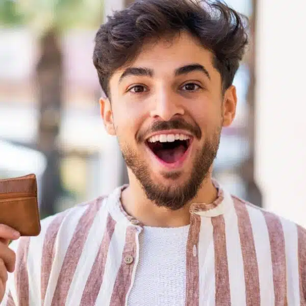 man happy with wallet happy outside