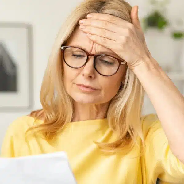 woman glasses reading mail living room