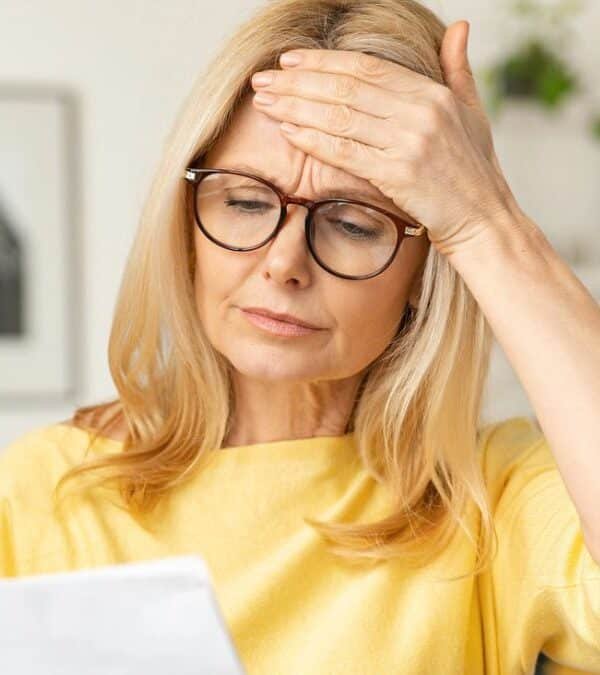 woman glasses reading mail living room
